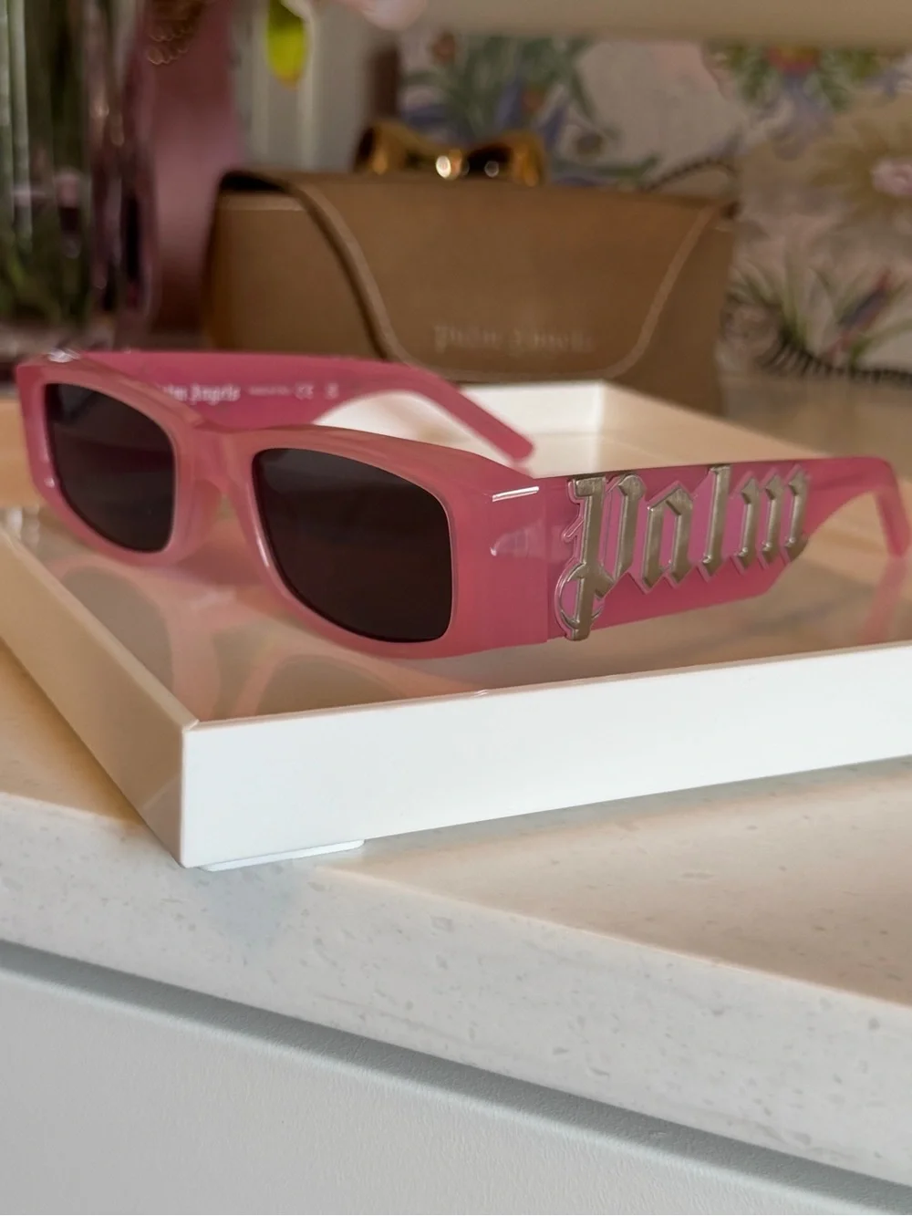 Palm Angels NIB Pink shades new in Brown Suede Sunglasses Case GIFTABLE